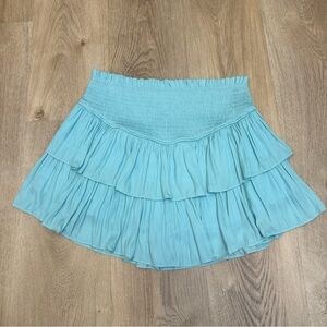 Linen Rose Smocked Waist Light Blue Tiered Mini Skirt